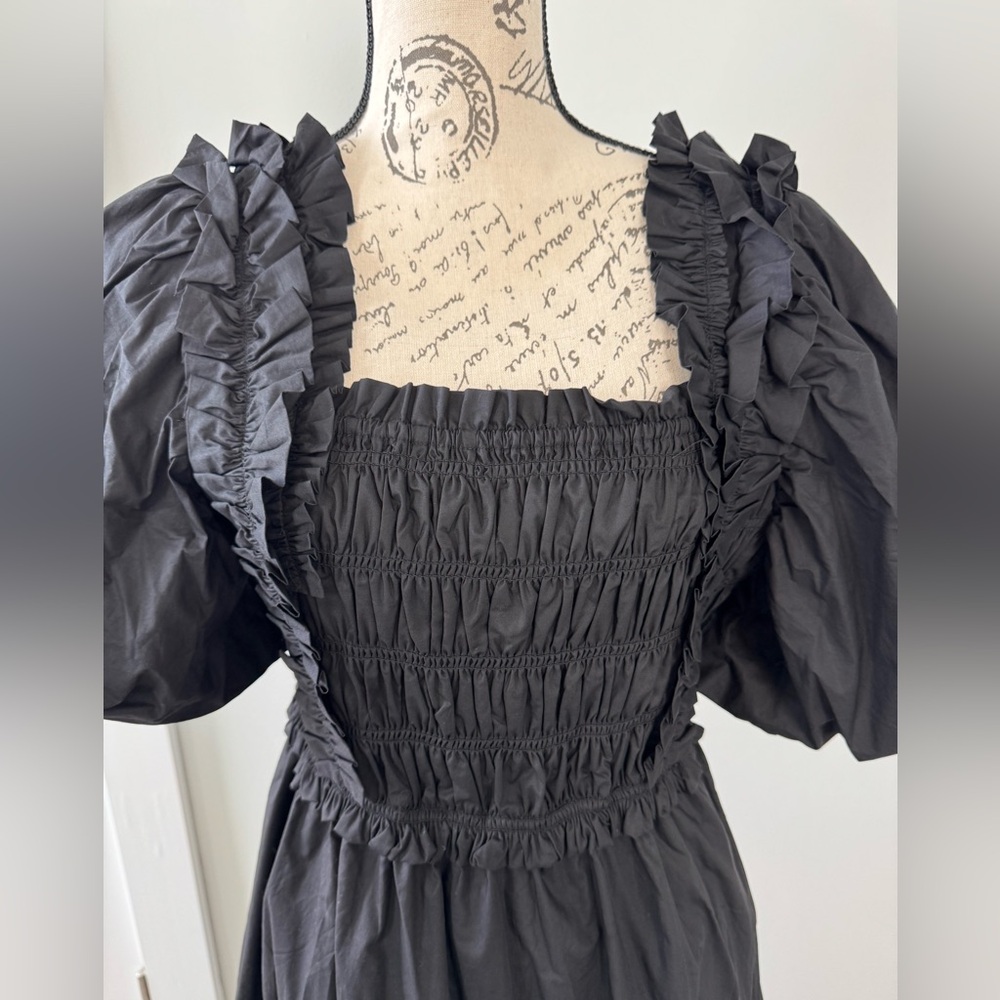NWT English Factory Puff Sleeve Square Neck Smocked Midi Dress Black Size L - Picture 13 of 15